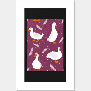 White Pekin Ducks with feathers and dots repeat pattern Posters and Art